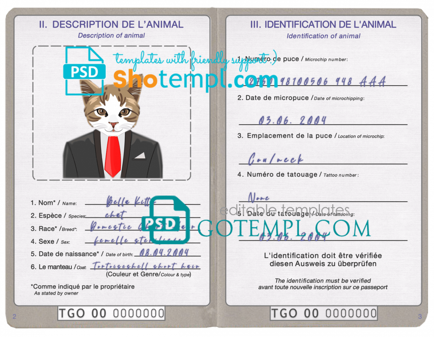 free download Togo cat (animal, pet) passport PSD example, completely editable