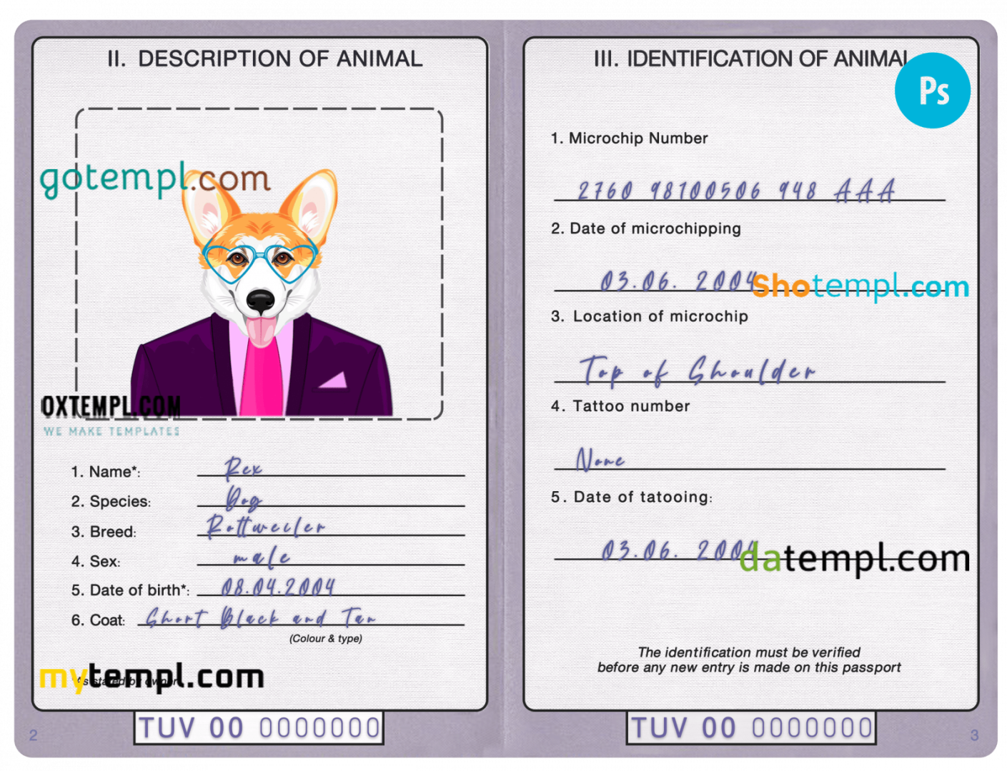 free download Tuvalu dog (animal, pet) passport PSD example, completely editable