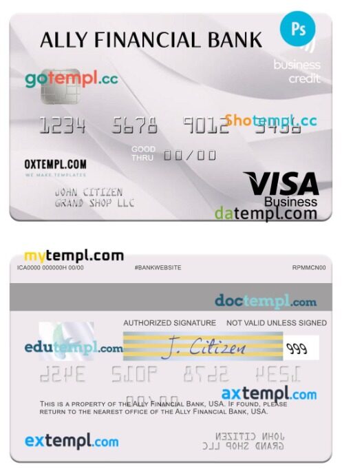 USA Ally Financial Bank visa business credit card template in PSD format