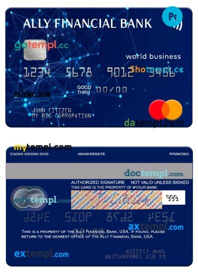 USA Ally Financial Bank world business mastercard template in PSD format