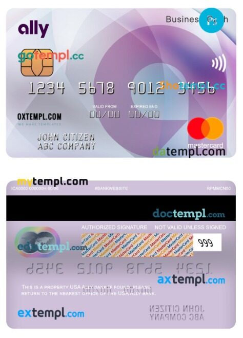 USA Ally bank business cash mastercard template in PSD format