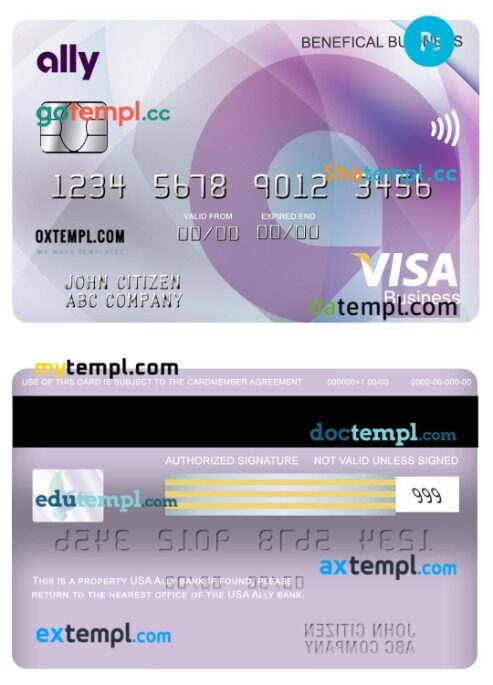 USA Ally bank visa benefical business card template in PSD format