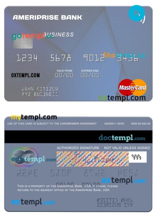 USA Ameriprise Bank business mastercard template in PSD format