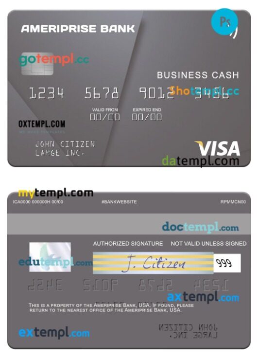 USA Ameriprise Bank visa business cash card template in PSD format