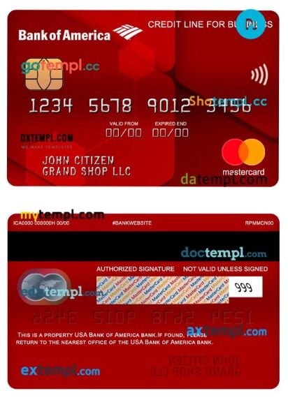 USA Bank of America bank credit line for business mastercard template in PSD format