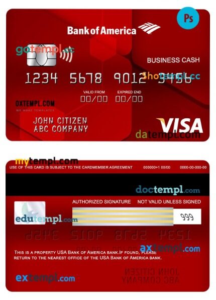 USA Bank of America bank visa business cash card template in PSD format