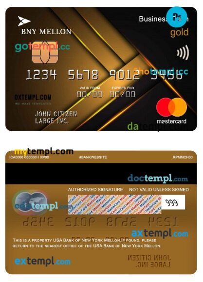 USA Bank of New York Mellon business cash gold mastercard template in PSD format