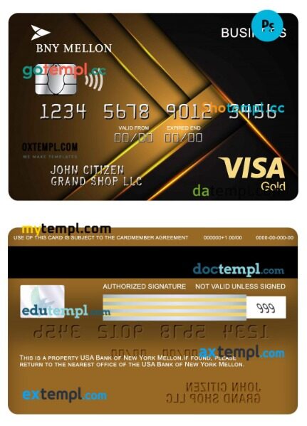 USA Bank of New York Mellon visa business gold card template in PSD format