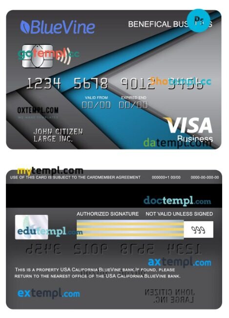 USA California BlueVine bank visa benefical business card template in PSD format