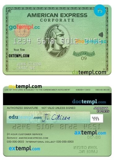 USA California Varo bank amex green corporate card template in PSD format