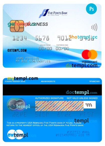 USA Nebraska Five Points Bank business mastercard template in PSD format