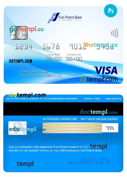 USA Nebraska Five Points Bank visa business card template in PSD format