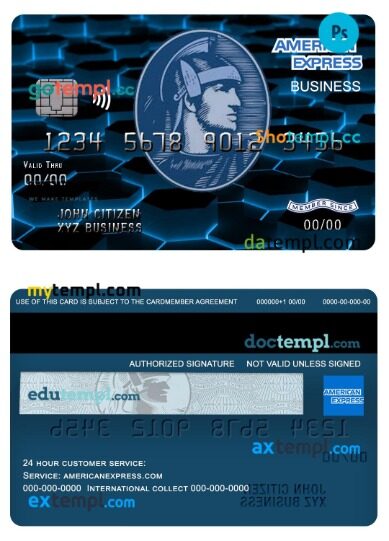 USA New York American Express Blue bank business credit card template in PSD format