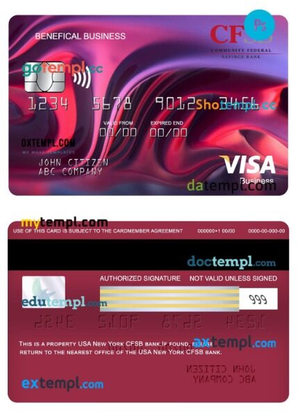 USA New York CFSB bank visa benefical business card template in PSD format