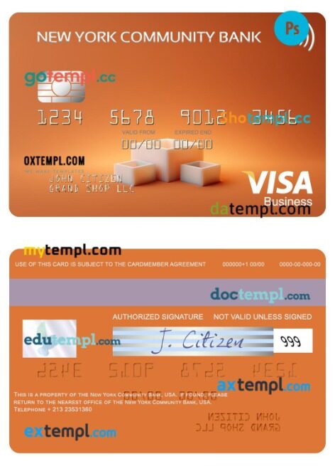 USA New York Community Bank visa business card template in PSD format