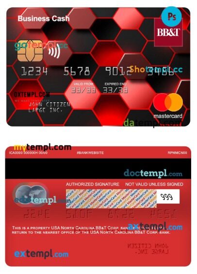 USA North Carolina BB&T Corp. bank business cash mastercard template in PSD format