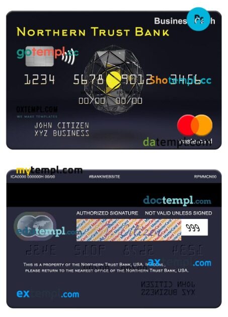 USA Northern Trust Bank business cash mastercard template in PSD format