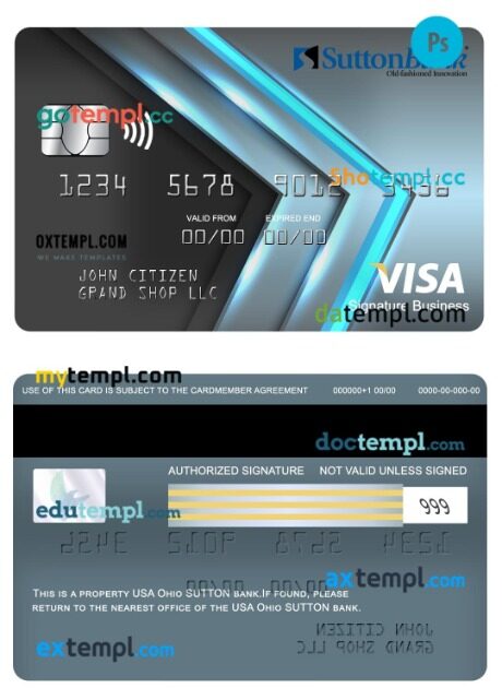 USA Ohio SUTTON bank visa signature business card template in PSD format