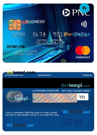 USA PNC bank business mastercard template in PSD format