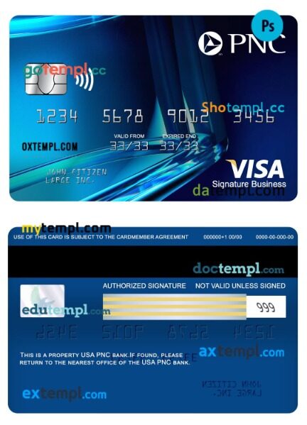 USA PNC bank visa signature business card template in PSD format