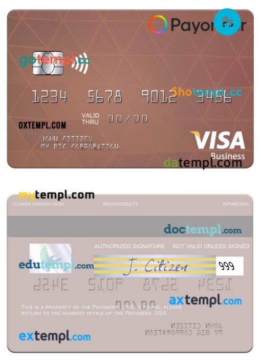 USA Payoneer visa business card template in PSD format