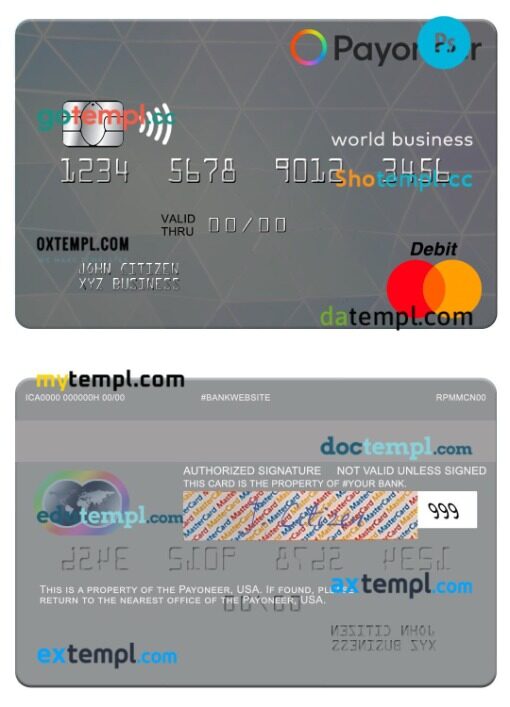 USA Payoneer world business debit mastercard template in PSD format