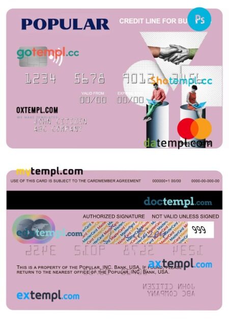 USA Popular, Inc. Bank credit line for business mastercard template in PSD format
