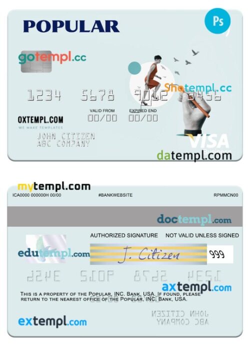 USA Popular, Inc. Bank visa business card template in PSD format
