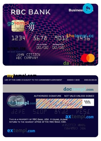 USA RBC Bank business cash mastercard template in PSD format