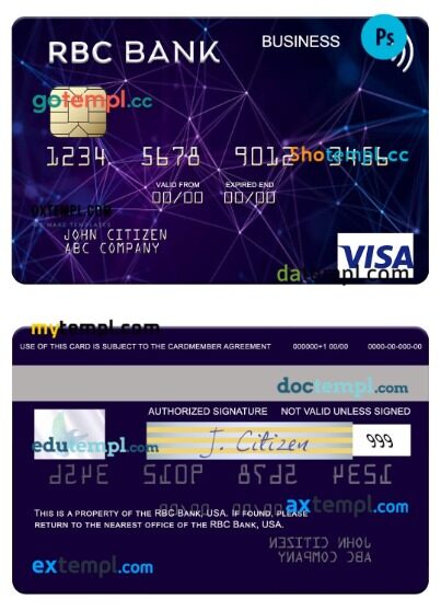 USA RBC Bank visa business card template in PSD format
