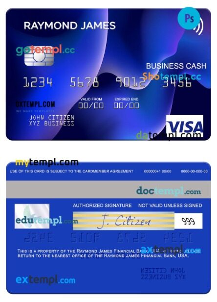 USA Raymond James Financial Bank visa business cash card template in PSD format