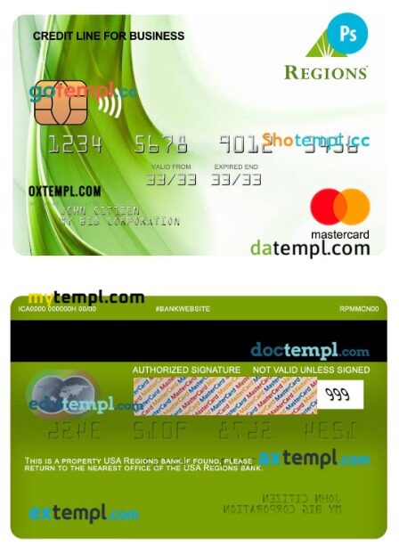 USA Regions bank credit line for business mastercard template in PSD format