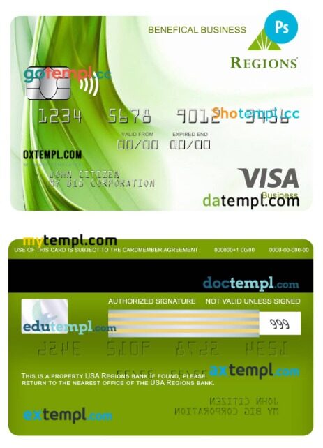 USA Regions bank visa benefical business card template in PSD format