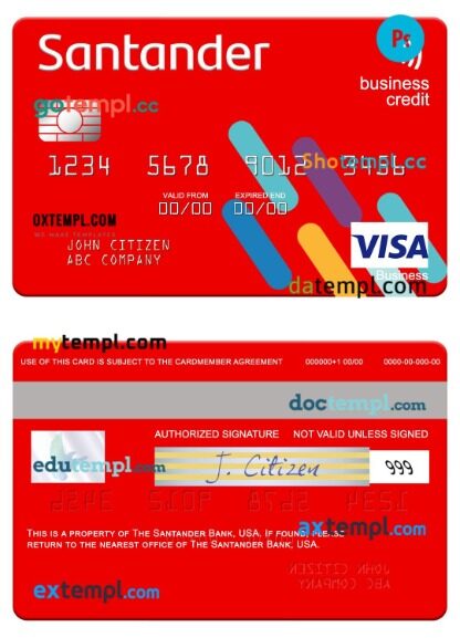 USA Santander Bank business credit visa card template in PSD format