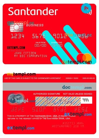 USA Santander Bank business mastercard template in PSD format