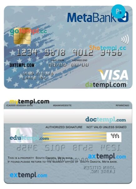 USA South Dakota Metabank visa business card template in PSD format