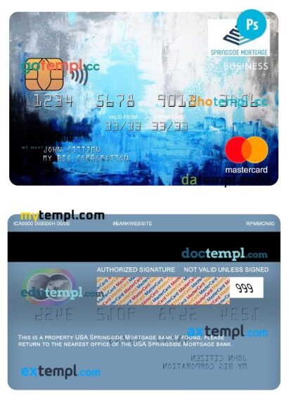 USA Springside Mortgage bank business mastercard template in PSD format
