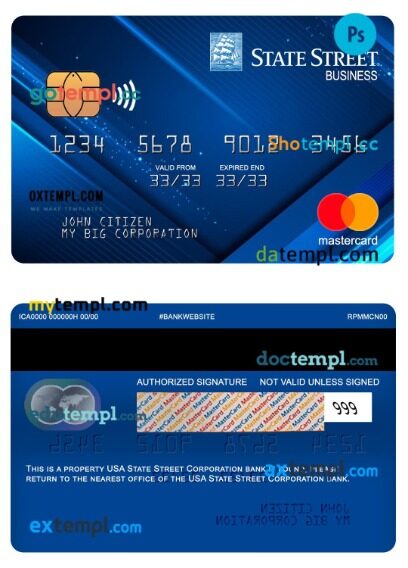 USA State Street Corporation bank business mastercard template in PSD format