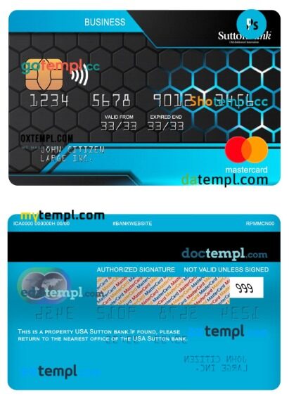 USA Sutton bank business mastercard template in PSD format