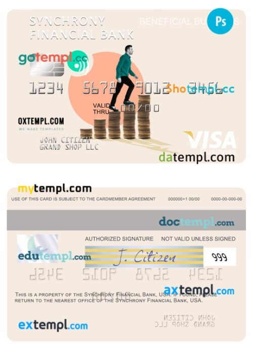 USA Synchrony Financial Bank beneficial business visa card template in PSD format