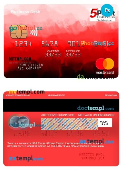 USA Texas 5Point Credit Union bank business cash mastercard template in PSD format