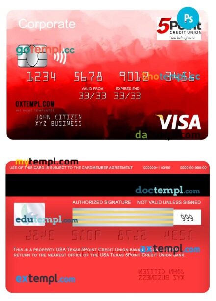 USA Texas 5Point Credit Union bank visa corporate card template in PSD format