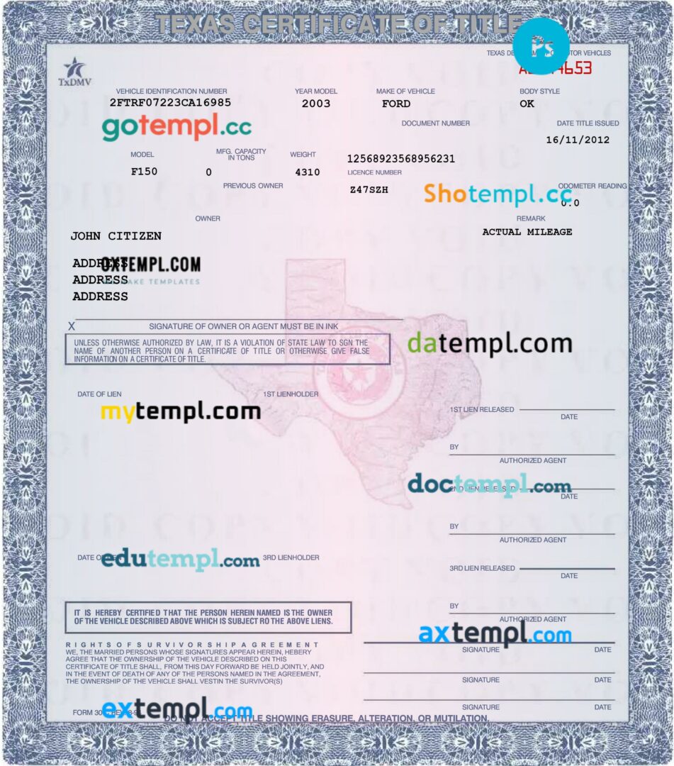 Texas certificate of title of a vehicle (car title) template in PSD format, fully editable, front and back
