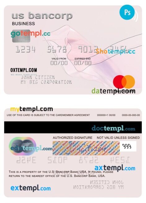 USA U.S. Bancorp Bank business mastercard template in PSD format