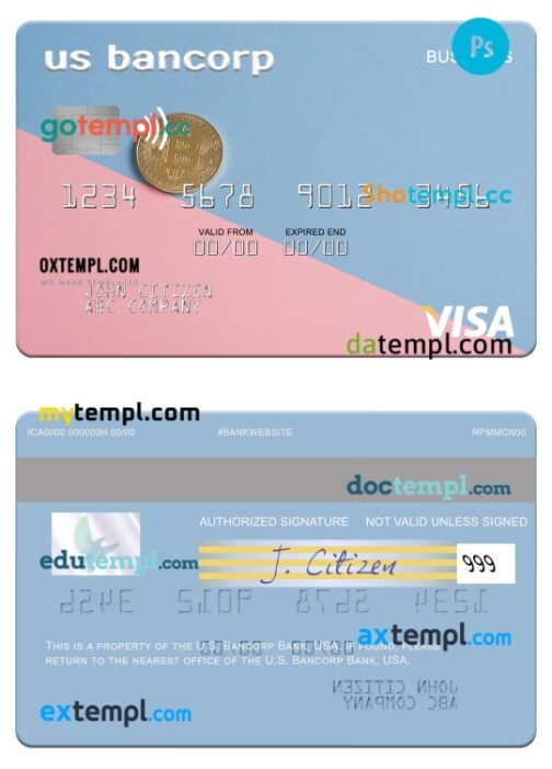 USA U.S. Bancorp Bank visa business card template in PSD format