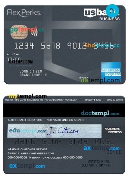 USA U.S. Bank FlexPerks Reserve Amex business card template in PSD format