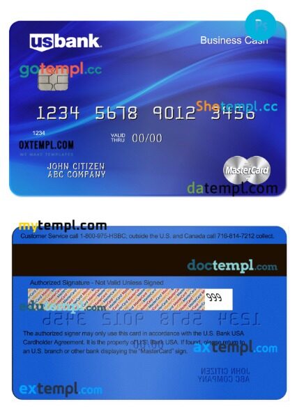 USA U.S. Bank business cash debit mastercard template in PSD format