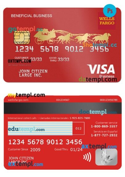 USA Wells Fargo Bank beneficial business visa card template in PSD format