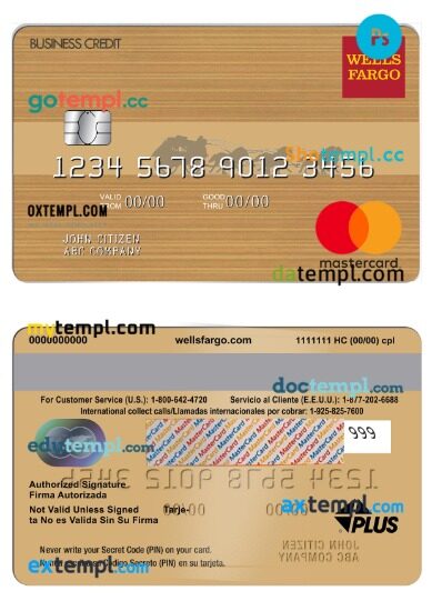 USA Wells Fargo Bank business credit mastercard template in PSD format