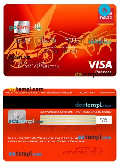 USA Wells Fargo bank visa business card template in PSD format
